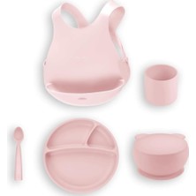 Tr Silikon Beslenme Seti 5'li, Pembe, Mama Önlüğü, Porsiyon Tabak, Kapaklı Kase, Mini Bardak, Mama Kaşığı