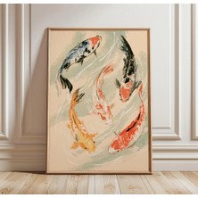 Ninastore Japon Koi Balığı Baskısı | Suluboya Gölet Duvar Sanatı | Asya Minimalist Dekorasyon | Nötr Tonlu Resim | Sakin Doğa Posteri