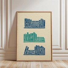 Ninastore Japon Kitaplığı Posteri | Mavi Yeşil Kitap Illüstrasyonu | Minimalist Kütüphane Duvar Sanatı