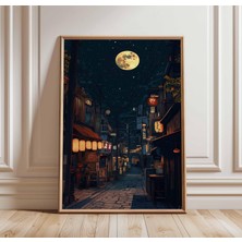 Ninastore Ay Işığıyla Aydınlatılmış Tokyo Posteri Japon Sokak Gece Sanatı Şehir Fenerleri Kentsel Japon Manzarası Ay ve Yıldızlı Gökyüzü Baskısı Tokyo Baskısı