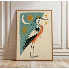 Ninastore Balıkçıl Kuşu Duvar Sanatı | Göksel Güneş ve Ay Baskısı | Retro Orta Çağ Posteri