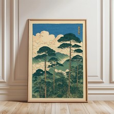 Ninastore Japon Çam Ormanı Posteri | Yeşil Turkuaz Manzara Sanatı | Vintage Ahşap Baskı Tarzı