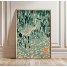 Ninastore Japon Balıkçıl Kuşu Duvar Sanatı | Ahşap Baskı Tarzı Turna Posteri | Turkuaz Bataklık Kuşu Baskısı | Asya Doğası Dekorasyonu