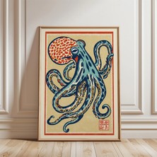 Ninastore Mavi Kırmızı Ahtapot Posteri | Japon Halk Linol Baskı Illüstrasyonu | Deniz Temalı Duvar Sanatı