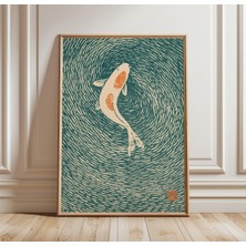 Ninastore Japon Koi Balığı Baskısı | Turkuaz Ahşap Baskı Duvar Sanatı | Minimalist Gölet Posteri | Asya Esintili Ev Dekorasyonu
