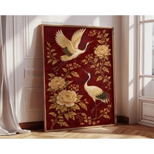 Ninastore Japon Turnası Sanatı Kırmızı ve Altın Çin Tarzı Baskı Vintage Asya Kuşu Posteri Çiçekli Duvar Dekoru Dijital Indirme