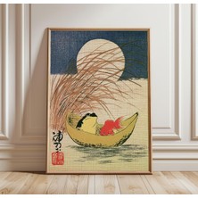Ninastore Japon Kurbağası ve Balığı Baskısı | Vintage Ahşap Baskı Tarzı Hayvan Duvar Sanatı