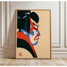 Ninastore Japon Kabuki Oyuncusu Baskısı | Geleneksel Tiyatro Duvar Sanatı | Kırmızı ve Mavi Ukiyo-E Posteri
