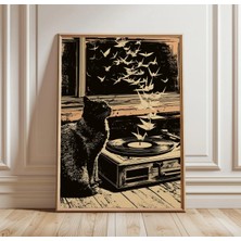 Ninastore Kara Kedi ve Origami Turna Baskısı | Vinil Plak Duvar Sanatı | Japon Estetiği Poster