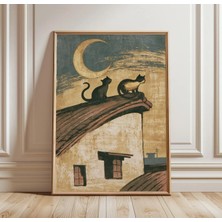 Ninastore Vintage Kedi Duvar Sanatı | Japon Ahşap Baskı Tarzı | Gece Yarısı Çatı Kedileri Dekorasyonu