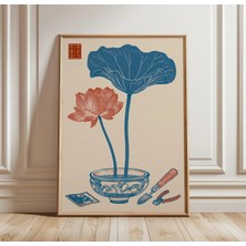 Ninastore Japon Lotus Duvar Sanatı | Botanik Çiçek Baskısı | Mavi ve Kırmızı Çiçekli Poster