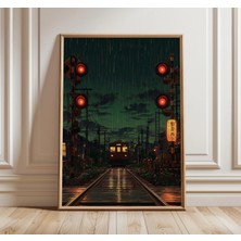 Ninastore Japon Tren Geçidi Posteri, Yağmurlu Gece, Sinematik Tarzda Anime Duvar Sanatı, Yatak Odası ve Oturma Odası Dekorasyonu