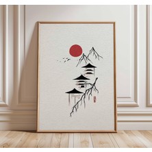 Ninastore Minimalist Japon Pagoda Sanat Baskısı Zen Kırmızı Güneş Duvar Posteri Japon Mürekkep Çizgi Sanatı