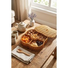 Tr Kapaklı 5 Bölmeli Hasır Desenli Plastik Rattan Organizer Kutu, Doğal Rattan Rengi, 30X30X7.5 Cm, Çok Amaçlı Saklama ve Sunum Sepeti