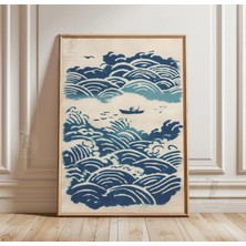 Ninastore Japon Dalga Desenli Poster | Mavi Okyanus Illüstrasyon Baskısı | Minimalist Deniz Manzarası Duvar Sanatı