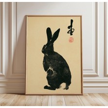 Ninastore Japon Tavşanı Sumi E Baskı | Minimalist Siyah Mürekkep Tavşan Duvar Sanatı | Asya Fırça Hayvan Dekorasyonu