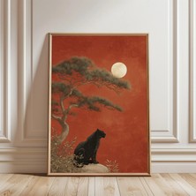 Ninastore Kara Panter Sanat Baskısı Japon Ay Işığı Manzarası Posteri Minimalist Vahşi Yaşam Dekorasyonu