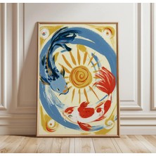 Ninastore Koi Balığı Duvar Sanatı | Japon Yin Yang Posteri | Mavi ve Kırmızı Sazan Tablosu