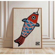 Ninastore Japon Koi Balığı Posteri | Kırmızı ve Mavi Sazan Duvar Sanatı | Minimalist Hayvan Illüstrasyonu