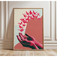 Ninastore Origami Turna Duvar Sanatı | Kırmızı Kuş Baskısı | Minimalist Japon Dekorasyonu