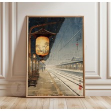 Ninastore Japon Tren Istasyonu Posteri | Karlı Tren Platformu Feneri | Vintage Japonya Seyahat Duvar Sanatı