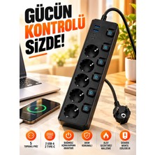 Matechno 5'li Akım Korumalı Topraklı Çoklu Priz 3680W 2 Usb-A + 2 Type-C Hızlı Şarj Bağımsız Anahtarlı Duvara Monte Edilebilir Grup Priz Uzatma