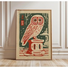 Ninastore Japon Baykuşu Ahşap Baskı Poster | Vintage Kuş Duvar Sanatı Baskısı | Kırmızı Yeşil Doğa Illüstrasyonu Dekorasyonu