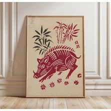 Ninastore Yaban Domuzu Ahşap Baskı Poster | Vintage Japon Tarzı Duvar Sanatı Baskısı | Kırmızı Hayvan Doğa Dekorasyonu