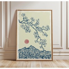 Ninastore Eski Japon Ahşap Baskı | Kırmızı Güneş Kiraz Çiçekleri Fuji Dağı Manzara Posteri