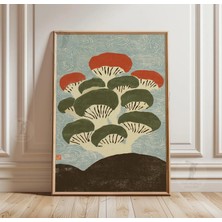 Ninastore Japon Mantarı Baskısı | Yeşil Kırmızı Botanik Ahşap Baskı Tarzı Duvar Sanatı