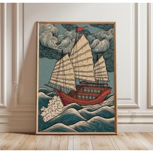 Ninastore Japon Yelkenli Gemisi Duvar Sanatı Ahşap Baskı Okyanus Desenli Denizcilik Temalı Kağıt Dekor
