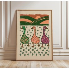 Ninastore Ördek Çayırı Posteri Halk Sanatı Kuş Baskısı Kağıt Duvar Dekoru