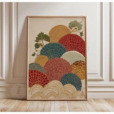 Ninastore Kırmızı Mavi Altın Çiçekli Poster Baskı | Japon Botanik Duvar Sanatı | Vintage Dokulu Illüstrasyon