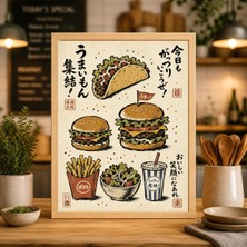 Ninastore Japon Hızlı Yemek Posteri Burger Patates Kızartması Illüstrasyonu Minimalist Mutfak Duvar Sanatı