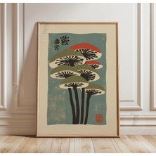 Ninastore Japon Mantarı Baskısı | Yeşil Kırmızı Botanik Ahşap Baskı Tarzı Sanat (Minimalist Doğa Dekorasyonu)