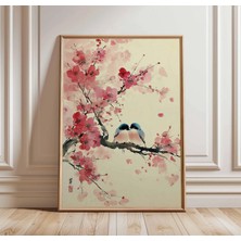 Ninastore Japon Kiraz Çiçeği Kuşları Sanat Baskısı Zen Asya Dekorasyonu