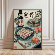 Ninastore Japon Suşi Posteri | Nane Yeşili Illüstrasyon | Sake ve Somon Duvar Sanatı