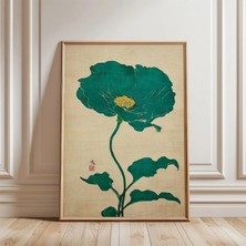 Ninastore Yeşil Botanik Çiçek Posteri | Japon Tarzı Çiçek Illüstrasyonu | Dikey Doğa Duvar Sanatı