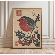 Ninastore Kızılgerdan Kuşu Posteri | Vintage Japon Tarzı Illüstrasyon | Botanik Doğa Duvar Sanatı Baskısı