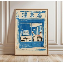 Ninastore Mavi Kafe Pencere Baskısı | Japon Kahve Dükkanı Posteri | Minimalist Mutfak Duvar Sanatı