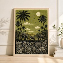 Ninastore Deve Kervanı Silüeti Posteri Yeşil Çöl Vahası Sanat Baskısı Halk Tarzı Palmiye Manzarası Dekorasyonu