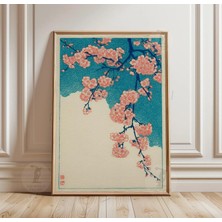 Ninastore Sakura Kiraz Çiçeği Posteri | Japon Botanik Duvar Sanatı Baskısı | Turkuaz ve Pembe Çiçek Illüstrasyonu