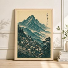 Ninastore Dağ Köyü Manzarası Posteri | Yeşil Yamaç Kasabası Illüstrasyonu | Antik Japon Ahşap Baskı Tarzı Sanat Eseri