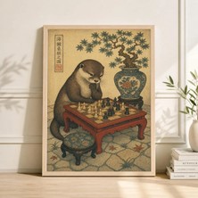 Ninastore Su Samuru Satranç Sahnesi Japon Esintili Iç Mekan Vintage Tarzı Poster