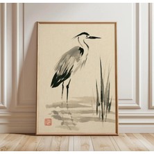 Ninastore Japon Balıkçıl Kuşu Mürekkep Yıkama Resmi | Minimalist Kuş Duvar Sanatı | Asya Su Kuşu Baskısı