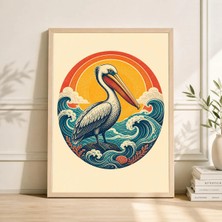 Ninastore Pelikan Güneş Posteri Tropikal Okyanus Manzarası Cesur Linol Baskı Kuş Duvar Sanatı Retro Sahil Baskısı