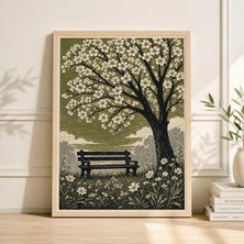 Ninastore Bahçe Bankı ve Çiçek Açmış Elma Ağacı ile Ilkbahar Doğa Posteri, Yeşil Bahçe Baskısı.