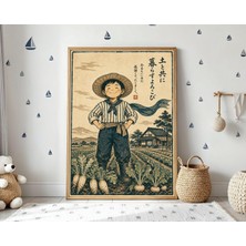 Ninastore Çiftlik Çocuğu Posteri Siyah Beyaz Linol Baskı Tarzı Japon Halk Sanatı Kağıt Duvar Sanatı