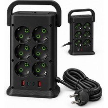 Tr 12 Prizli Akım Korumalı Priz Istasyonu, 3 Metre Kablolu, 2 Usb-A 2 Type-C Girişli, LED Gece Lambalı, Taşıma Kulplu Masaüstü Dikey Golyat Uzatma Kablosu, Çoklu Topraklı Priz Standı, Siyah