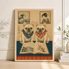 Ninastore Bej ve Yeşil Duvar Sanatı Fransız Bulldog Posteri Vintage Japon Tarzı Köpek Baskısı